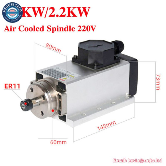 CNC Air Cooled Square Spindle Motor 1.5KW/2.2KW - ER11/ER20 Chuck, 220V
